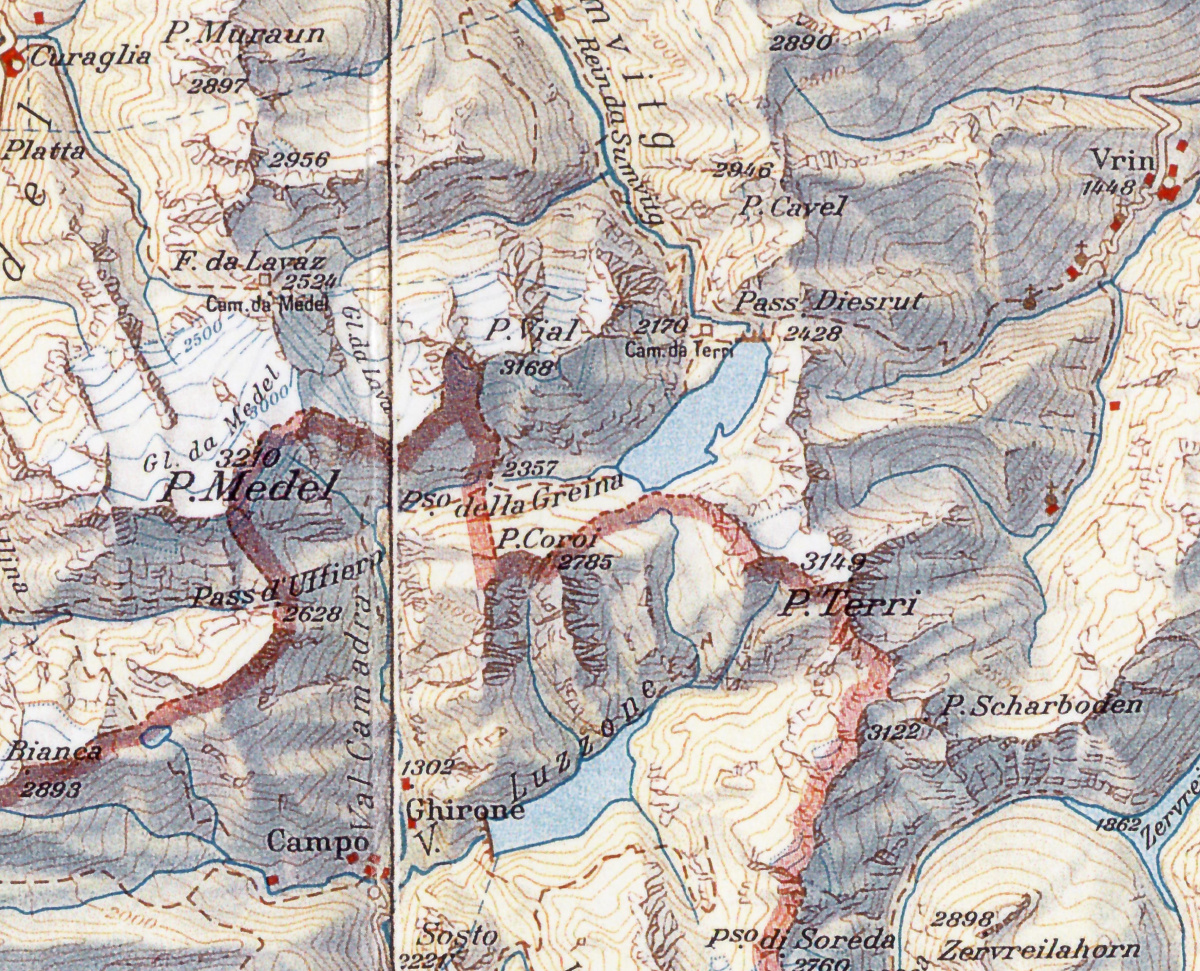 Dieser fiktive Kartenausschnitt zeigt, wo der verhinderte Greina-Stausee südlich des Passes Diesrut zu liegen gekommen wäre.